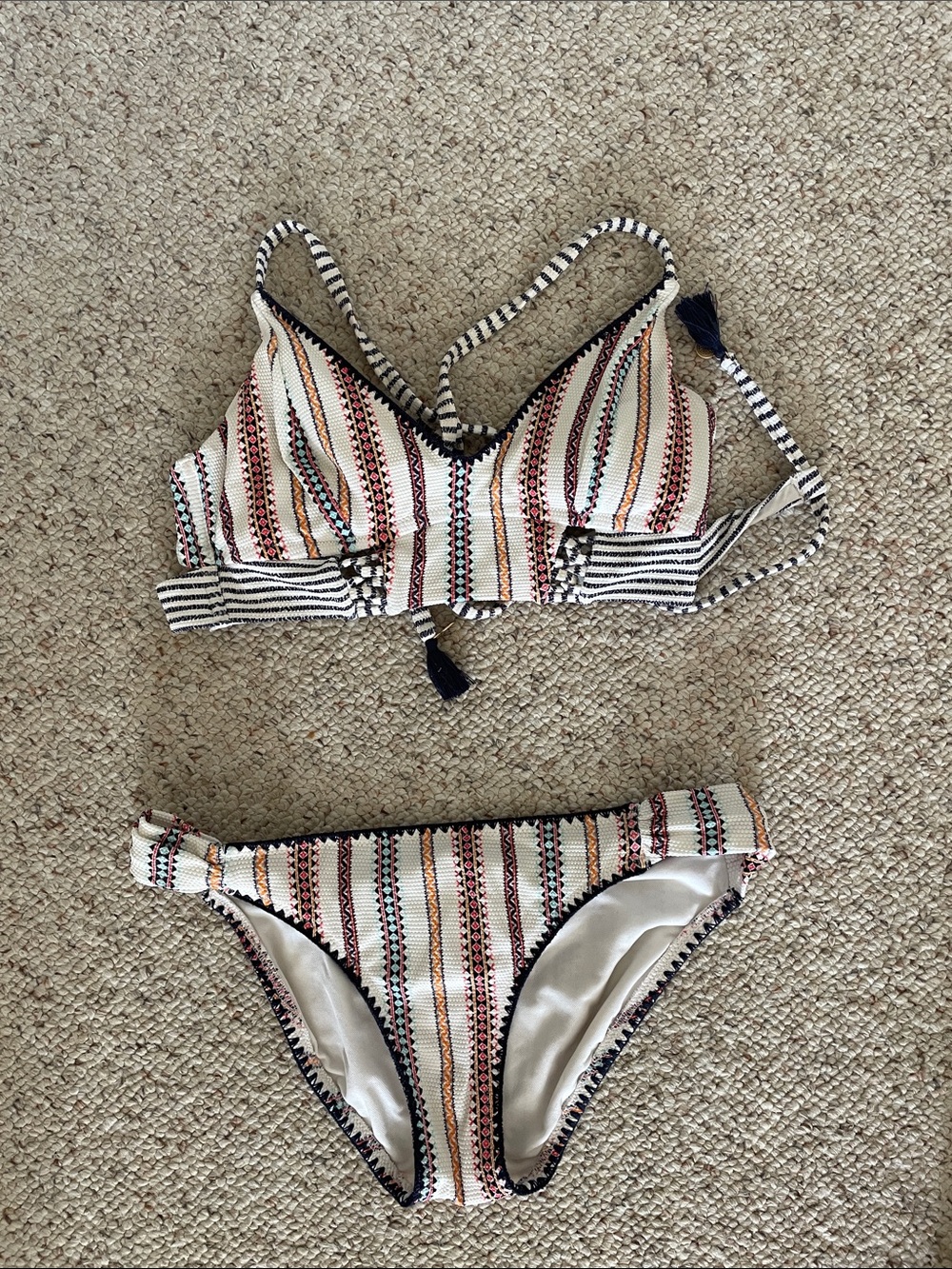 Swimsuit swim top bottom Jessica Simpson Striped Cream Multicolor Bikini Set